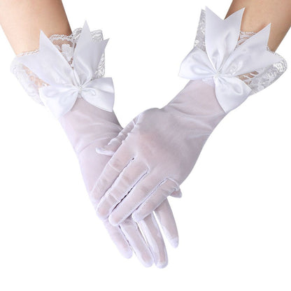 Elegant White Satin Bride Gloves With Bowknot Lace Wedding Dress Gloves  Etiquette Hand Accessories 4