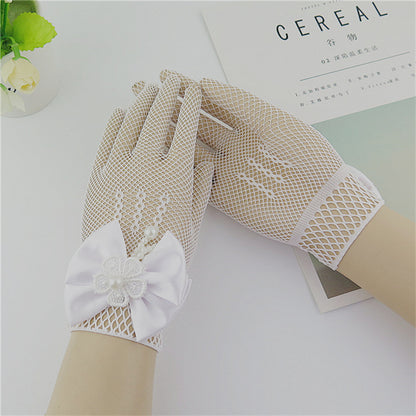 1 Pair Girls Kids White Lace Wedding Gloves with Faux Pearl Bowknot, Fishnet Flower Girl Communion Ceremony Party