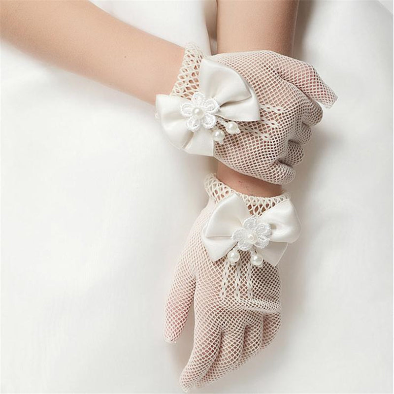1 Pair Girls Kids White Lace Wedding Gloves With Faux Pearl Bowknot Fishnet Flower Girl Communion C 1