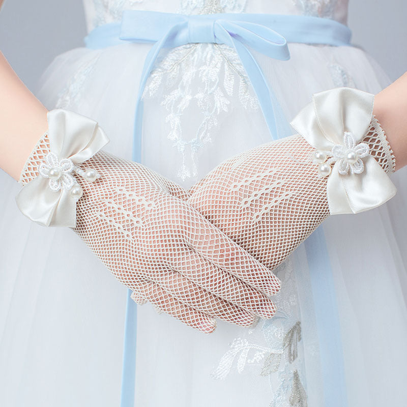 1 Pair Girls Kids White Lace Wedding Gloves With Faux Pearl Bowknot Fishnet Flower Girl Communion C 2