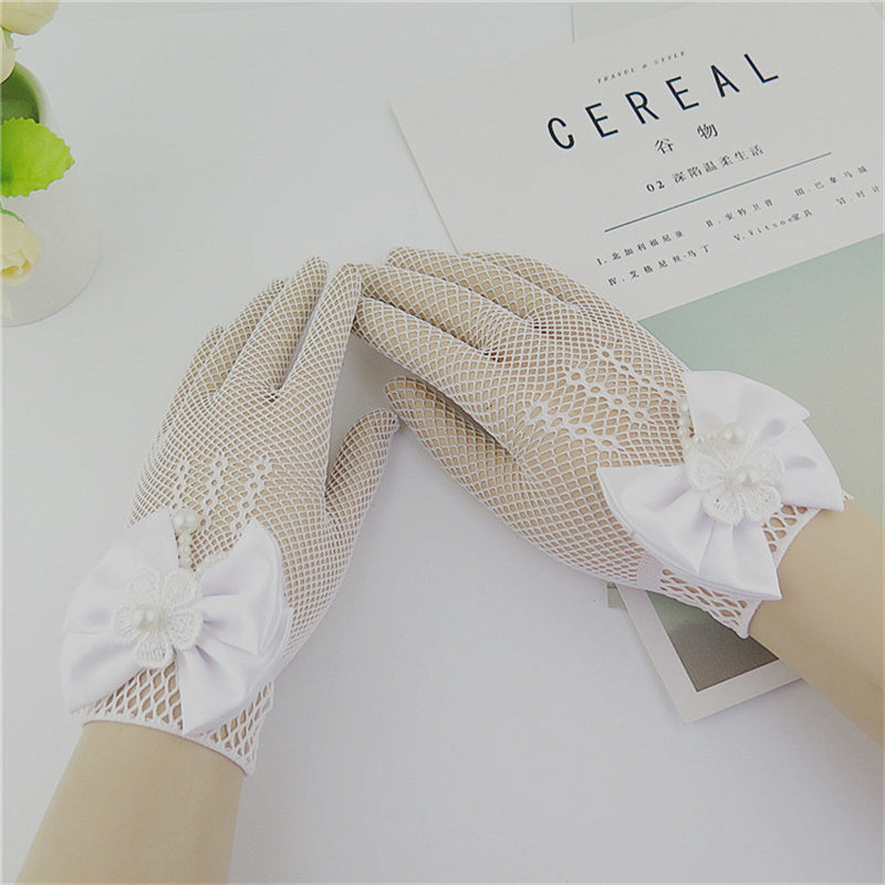 1 Pair Girls Kids White Lace Wedding Gloves With Faux Pearl Bowknot Fishnet Flower Girl Communion C 3