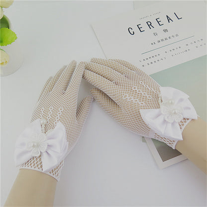 1 Pair Girls Kids White Lace Wedding Gloves With Faux Pearl Bowknot Fishnet Flower Girl Communion C 3