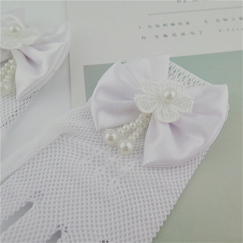 1 Pair Girls Kids White Lace Wedding Gloves With Faux Pearl Bowknot Fishnet Flower Girl Communion C 4