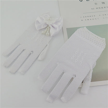 1 Pair Girls Kids White Lace Wedding Gloves With Faux Pearl Bowknot Fishnet Flower Girl Communion C 6