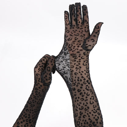 55cm Long Leopard Print Mesh Gloves for Women, Sexy Lace Fashion for Halloween, Cosplay & Stage Performance