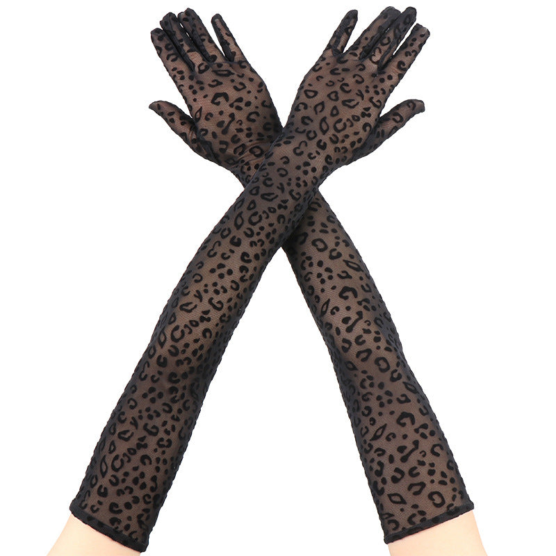 55cm Long Leopard Print Mesh Gloves for Women, Sexy Lace Fashion for Halloween, Cosplay & Stage Performance