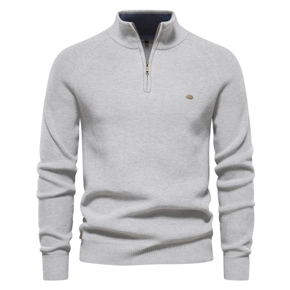 Mens Cotton Zip Cardigan High Collar Knitted Sweater