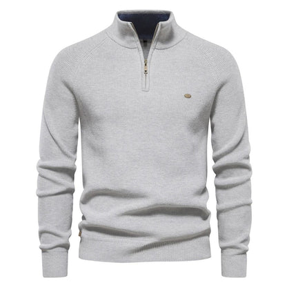 Mens Cotton Zip Cardigan High Collar Knitted Sweater