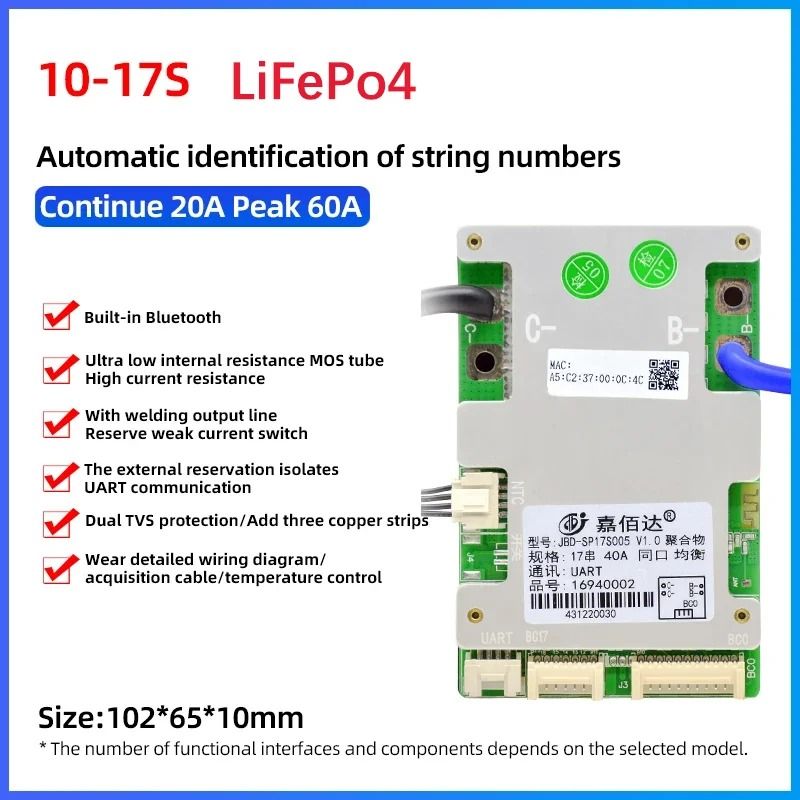 JBD Smart BMS With BuiltIn Bluetooth Lithium Battery Protection Board 10S17S 24V60V 12