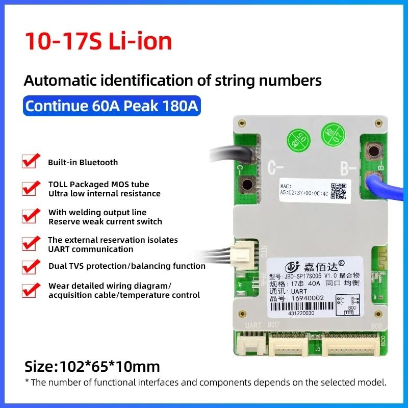 JBD Smart BMS With BuiltIn Bluetooth Lithium Battery Protection Board 10S17S 24V60V 17