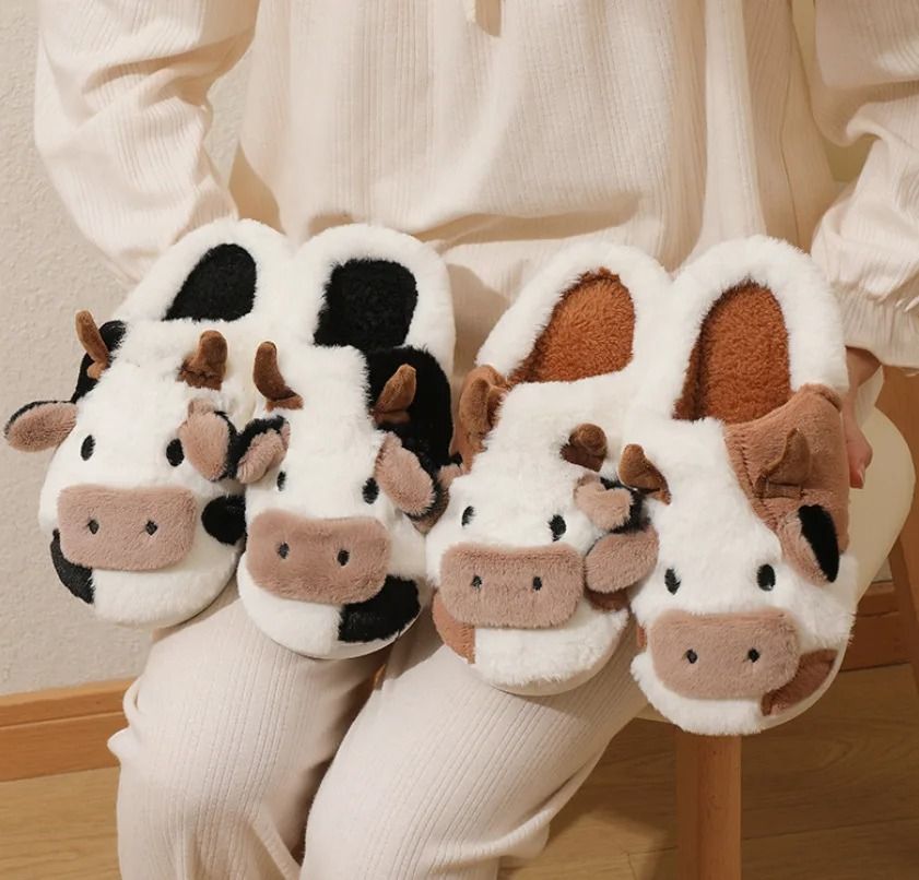 Unisex Cartoon Cow Plush Slippers Warm Indoor Anti Slip Winter Slides