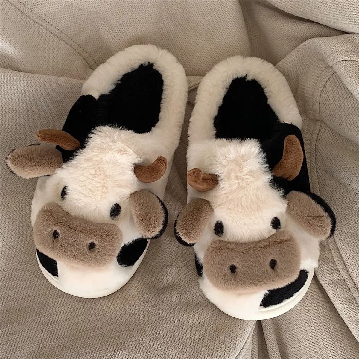 Unisex Cartoon Cow Plush Slippers Warm Indoor Anti Slip Winter Slides 1
