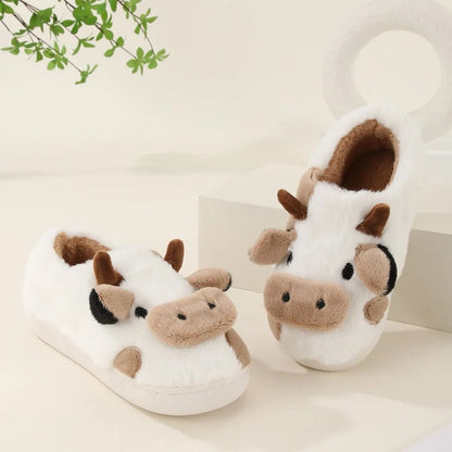 Unisex Cartoon Cow Plush Slippers Warm Indoor Anti Slip Winter Slides 2