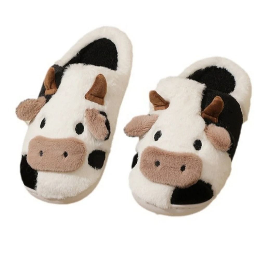 Unisex Cartoon Cow Plush Slippers Warm Indoor Anti Slip Winter Slides 3