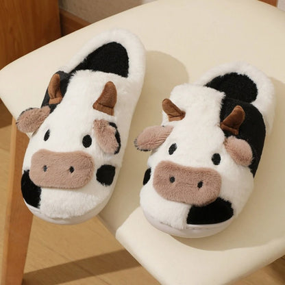 Unisex Cartoon Cow Plush Slippers Warm Indoor Anti Slip Winter Slides 4