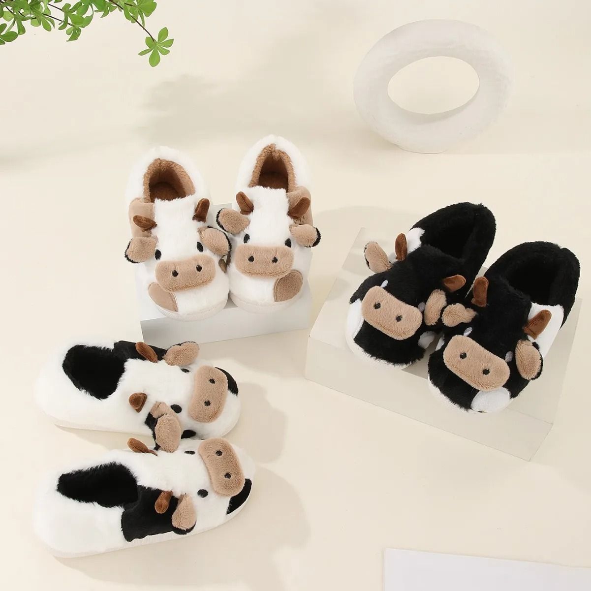 Unisex Cartoon Cow Plush Slippers Warm Indoor Anti Slip Winter Slides 5