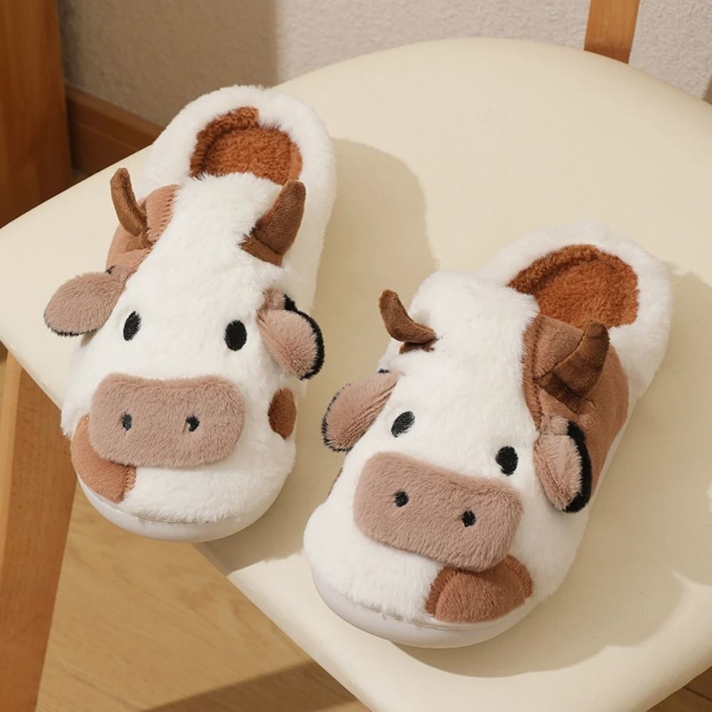 Unisex Cartoon Cow Plush Slippers Warm Indoor Anti Slip Winter Slides 7