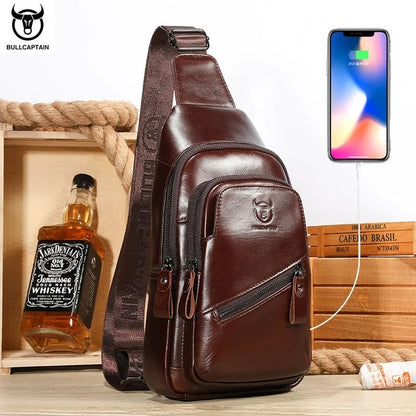 Mens Leather Chest Bag Large Capacity Crossbody Messenger Pack