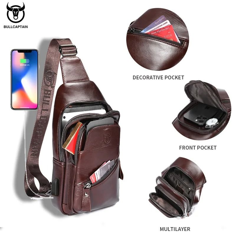 Mens Leather Chest Bag Large Capacity Crossbody Messenger Pack 3
