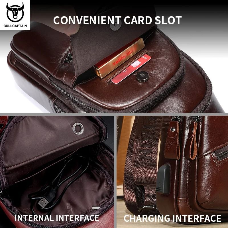 Mens Leather Chest Bag Large Capacity Crossbody Messenger Pack 4