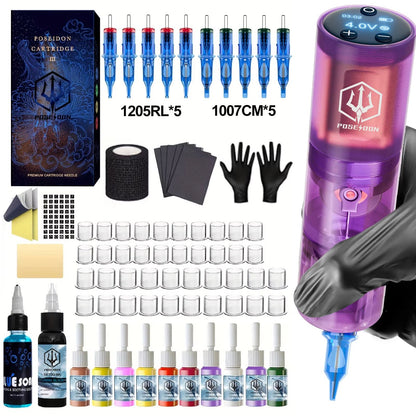 POSEIDON Professional Tattoo Kit – High Power Wireless Tattoo Gun with Power Supply for Permanent Makeup & Body Art