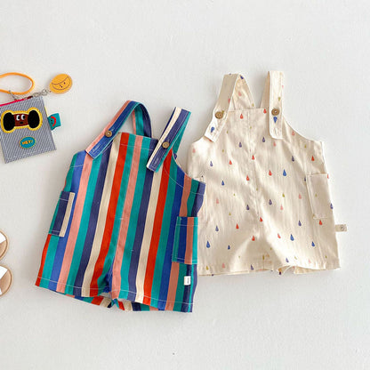 9M-5T Summer Kids Clothes, Colorful Striped Overalls with Raindrop Print, Girls Jumpsuit Outfit