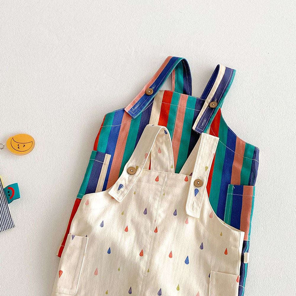9M-5T Summer Kids Clothes, Colorful Striped Overalls with Raindrop Print, Girls Jumpsuit Outfit