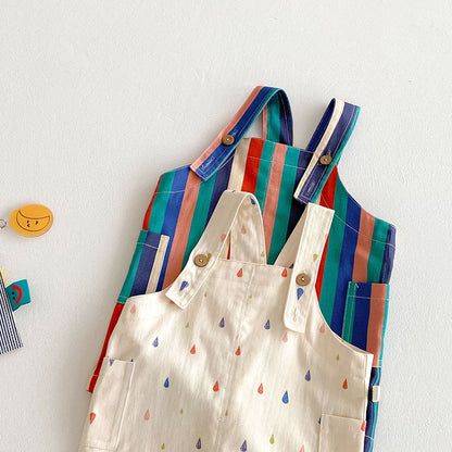 9M-5T Summer Kids Clothes, Colorful Striped Overalls with Raindrop Print, Girls Jumpsuit Outfit