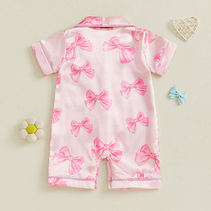 Adorable Infant Princess Bow Satin Pajama Set, Short Sleeve Button-Up, Jumpsuit for Sweet Toddler Bedtime