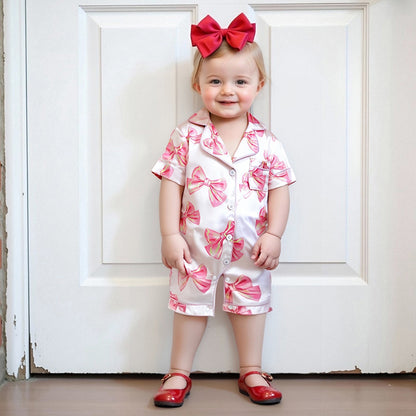 Adorable Infant Princess Bow Satin Pajama Set, Short Sleeve Button-Up, Jumpsuit for Sweet Toddler Bedtime