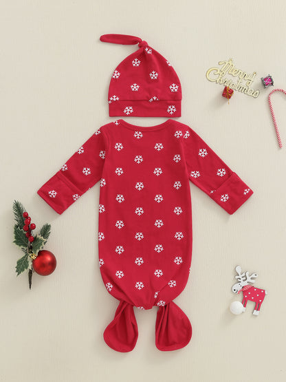 Infant Winter Pajama Set, Reindeer, Snowflake Print Sleepwear with Matching Christmas Hat