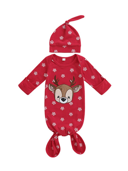 Infant Winter Pajama Set, Reindeer, Snowflake Print Sleepwear with Matching Christmas Hat