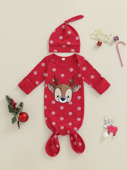 Infant Winter Pajama Set, Reindeer, Snowflake Print Sleepwear with Matching Christmas Hat