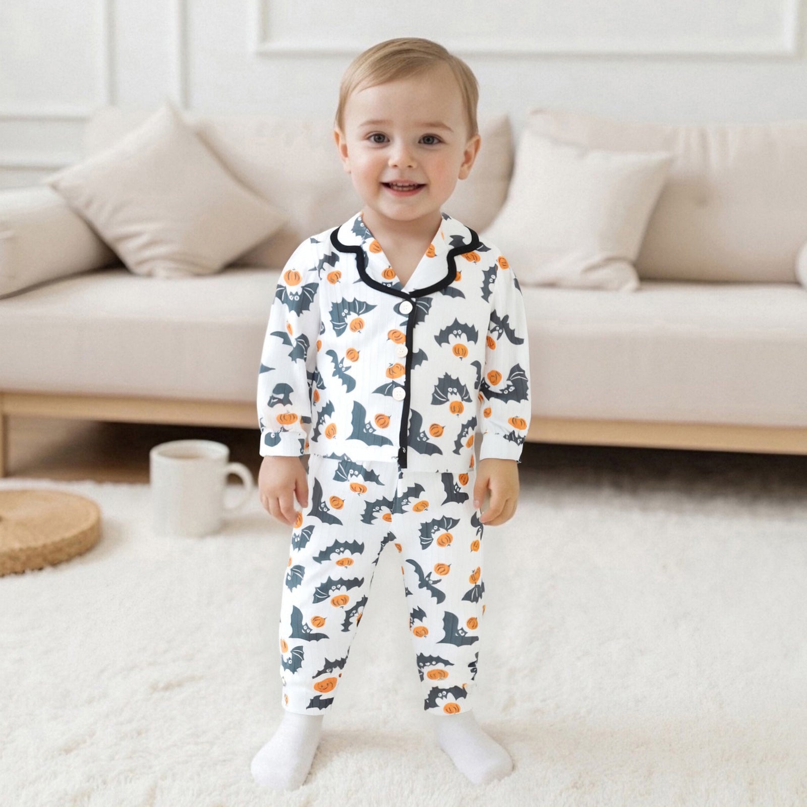 Toddler Baby Girl 2025 Halloween Pajama Set, Bat, Pumpkin Print Button Down Lapel Long Sleeve Top, Pants 2-Piece Set