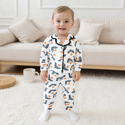 Toddler Baby Girl 2025 Halloween Pajama Set, Bat, Pumpkin Print Button Down Lapel Long Sleeve Top, Pants 2-Piece Set