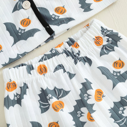 Toddler Baby Girl 2025 Halloween Pajama Set Bat Pumpkin Print Button Down Lapel Long Sleeve Top Pan 4