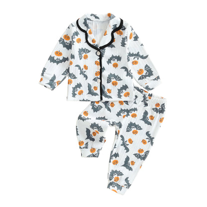 Toddler Baby Girl 2025 Halloween Pajama Set Bat Pumpkin Print Button Down Lapel Long Sleeve Top Pan 5