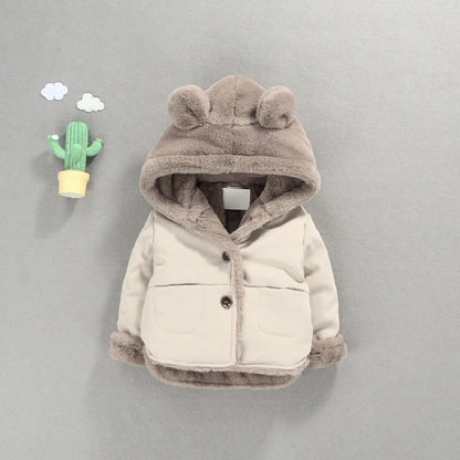 Cartoon Hooded Plus Velvet Infant Boys Coat, Autumn Winter Baby Fleece Jacket, Newborn Baby Girls Warm Outerwear Parka