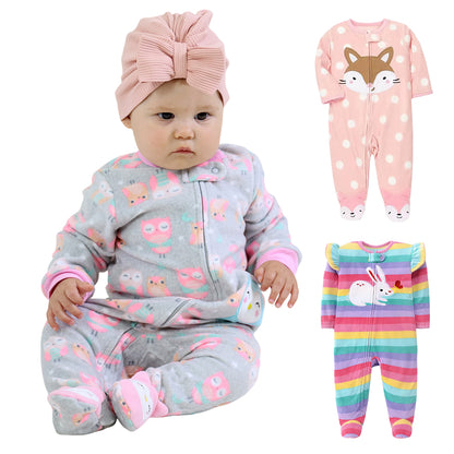 Spring Autumn Baby Girl Romper, Warm Fleece Animal Jumpsuit Pajamas Outfit with Zipper for Newborn Infants