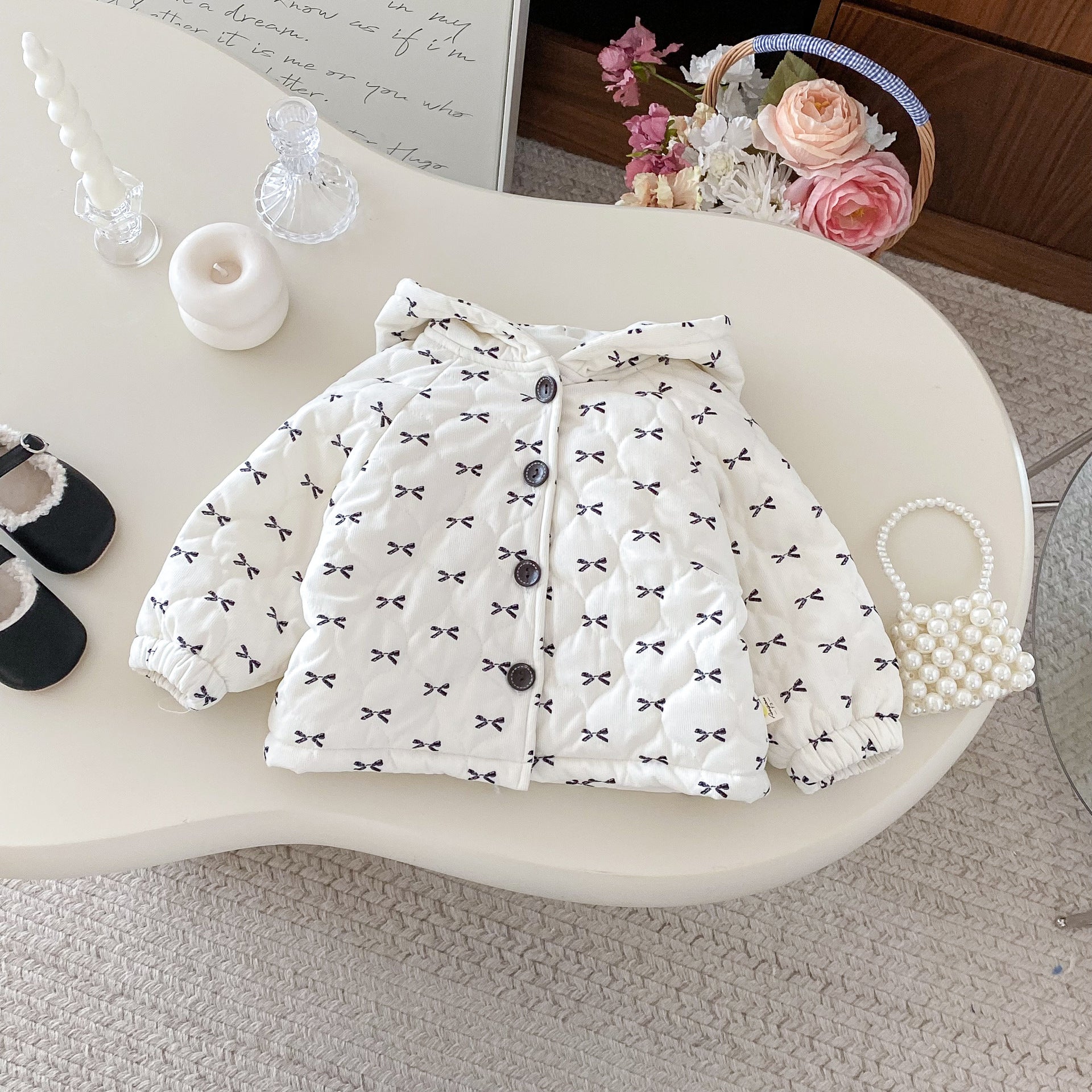 Autumn Winter New Korean Baby Bow Cotton Jacket, Baby Girl Hooded Coat, Western Cotton Coat for Kids
