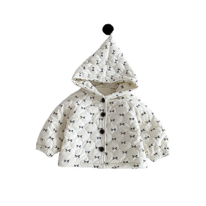 Autumn Winter New Korean Baby Bow Cotton Jacket, Baby Girl Hooded Coat, Western Cotton Coat for Kids