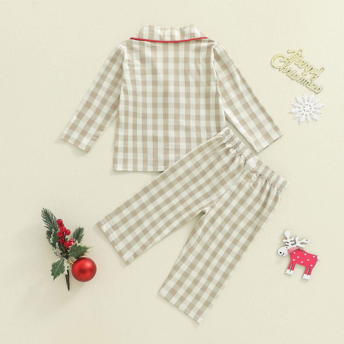 Christmas Infant Baby Plaid Pajamas Sets 2 Piece Toddler Gingerbread Embroidery Lapel Long Sleeve T 2
