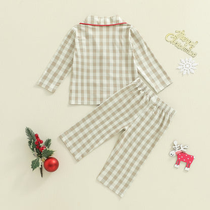Christmas Infant Baby Plaid Pajamas Sets 2 Piece Toddler Gingerbread Embroidery Lapel Long Sleeve T 2