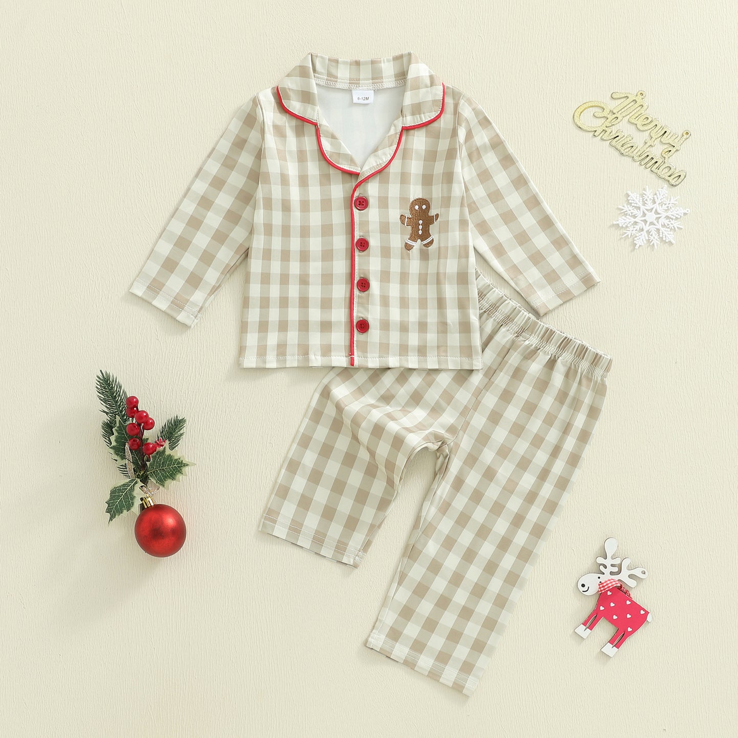 Christmas Infant Baby Plaid Pajamas Sets 2 Piece Toddler Gingerbread Embroidery Lapel Long Sleeve T 5
