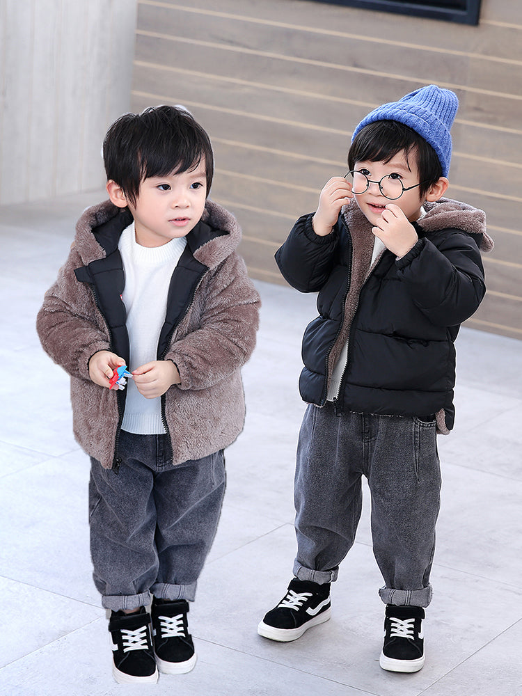 Reversible Baby Winter Coat Cartoon Hooded Plus Velvet, Baby Boys Fleece Jacket, Newborn Outerwear Toddler Girl Parkas