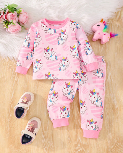 Pink Rainbow Unicorn Pajama Set for Baby Girls, 2PC Long Pants Pajamas with Full Print, Soft Skin-Friendly Fabric