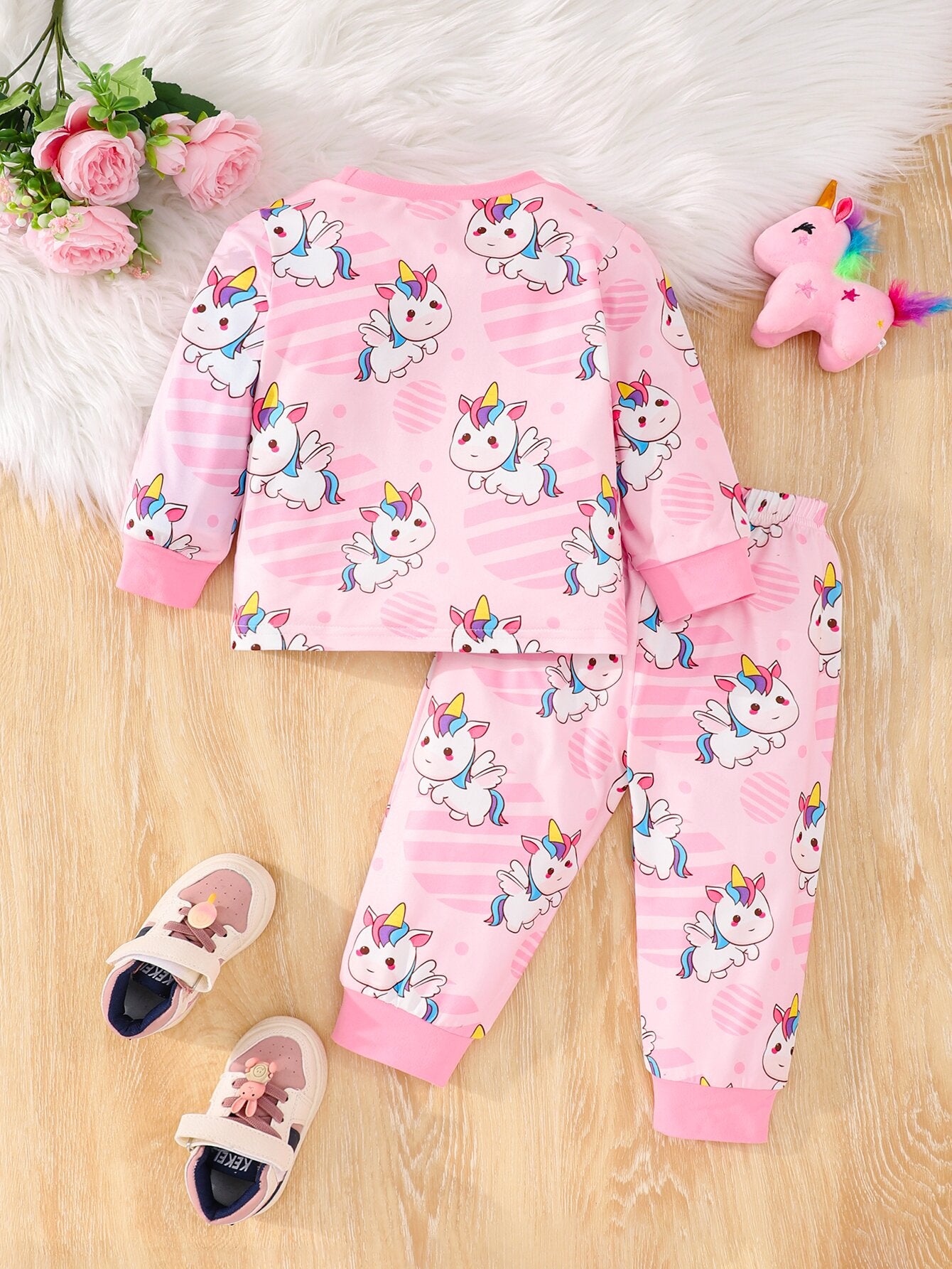 Pink Rainbow Unicorn Pajama Set for Baby Girls, 2PC Long Pants Pajamas with Full Print, Soft Skin-Friendly Fabric