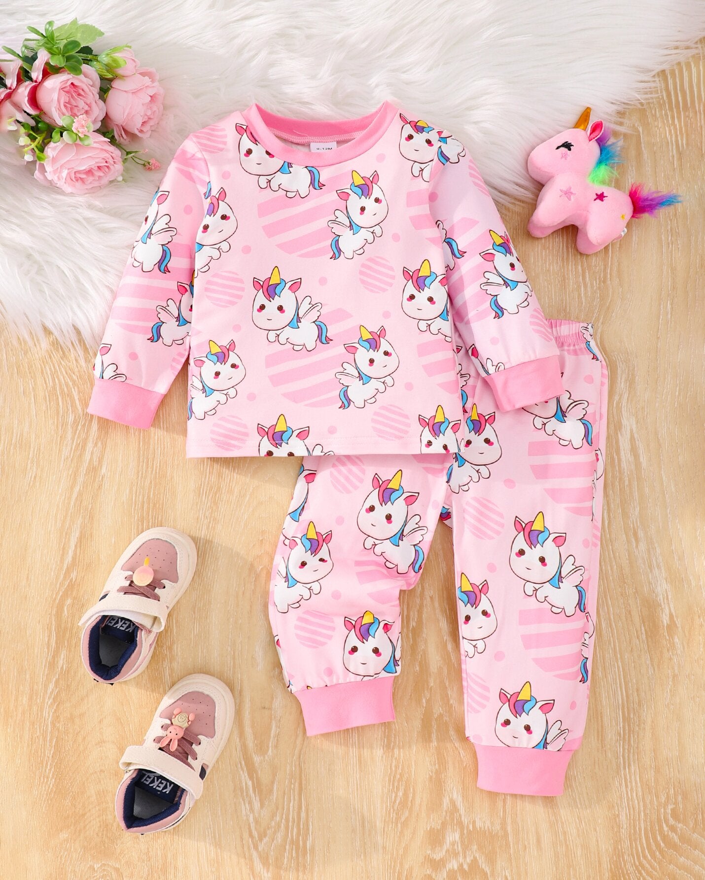 Pink Rainbow Unicorn Pajama Set for Baby Girls, 2PC Long Pants Pajamas with Full Print, Soft Skin-Friendly Fabric