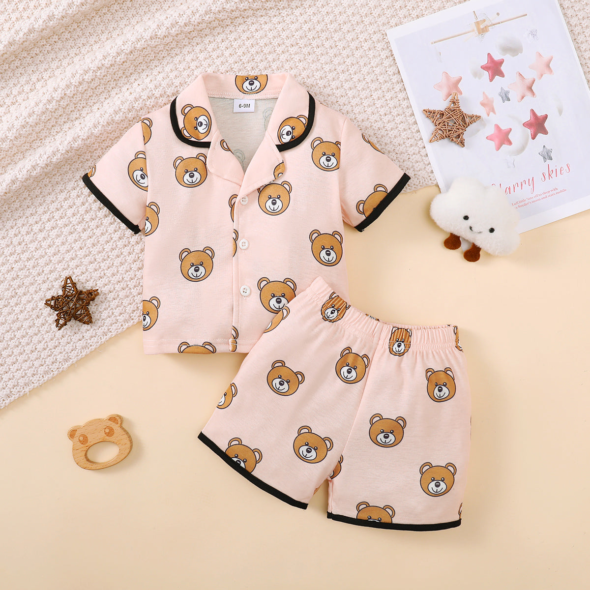 2PCS Pajama Set, Cartoon Cute Pattern Short Sleeved Top, Shorts, Comfortable & Soft Summer Home Wear for Baby Boy, Girl