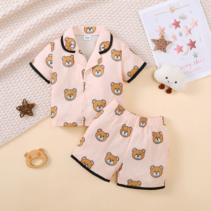 2PCS Pajama Set, Cartoon Cute Pattern Short Sleeved Top, Shorts, Comfortable & Soft Summer Home Wear for Baby Boy, Girl